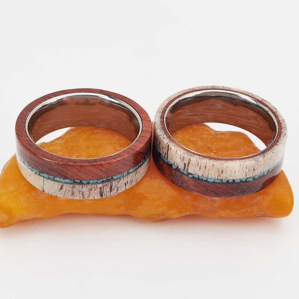 8mm Men Beveled Edges Tungsten with Natural Elk Antler Turquoise Interior Comfort Fit Wedding Band