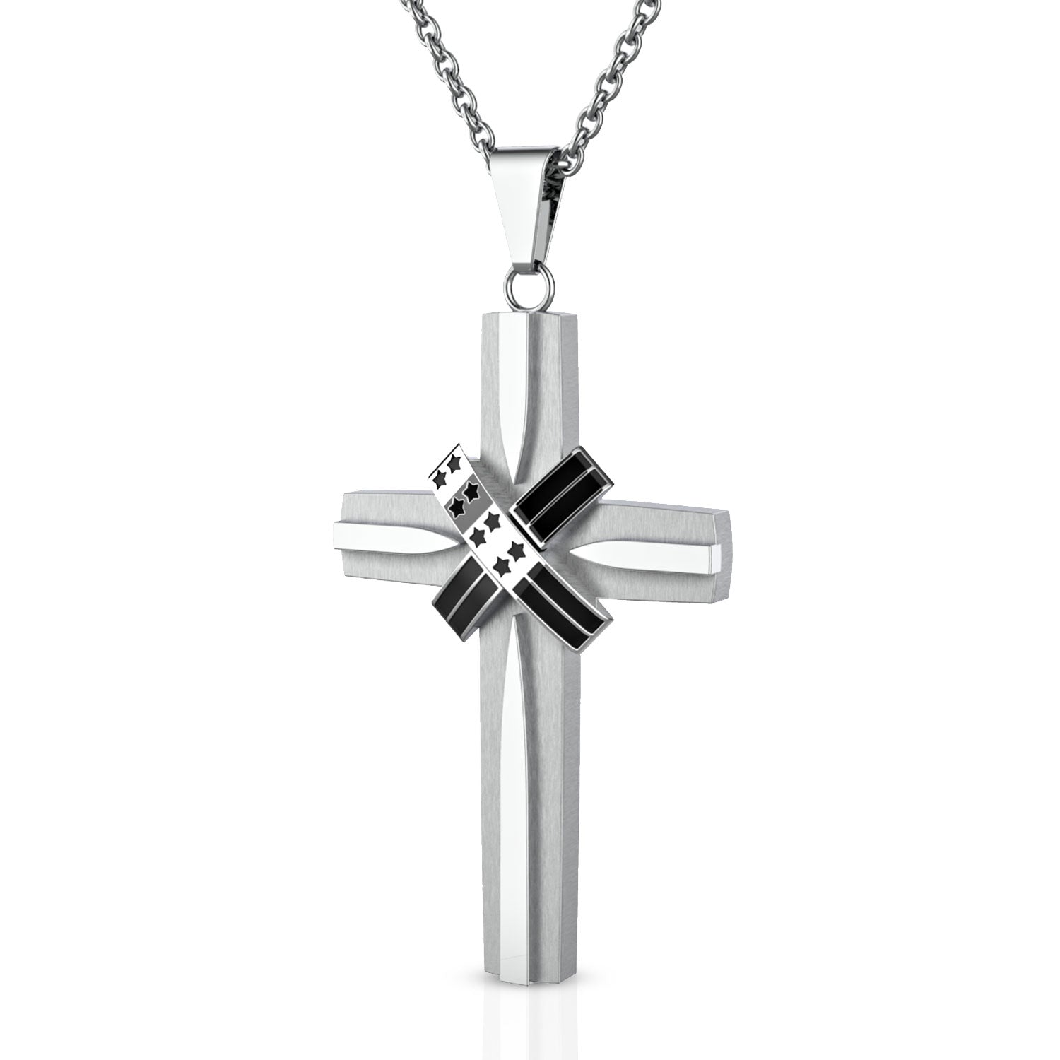American Flag Patriotic Cross Pendant Necklace - Engraved "In God We Trust" and 24" Chain