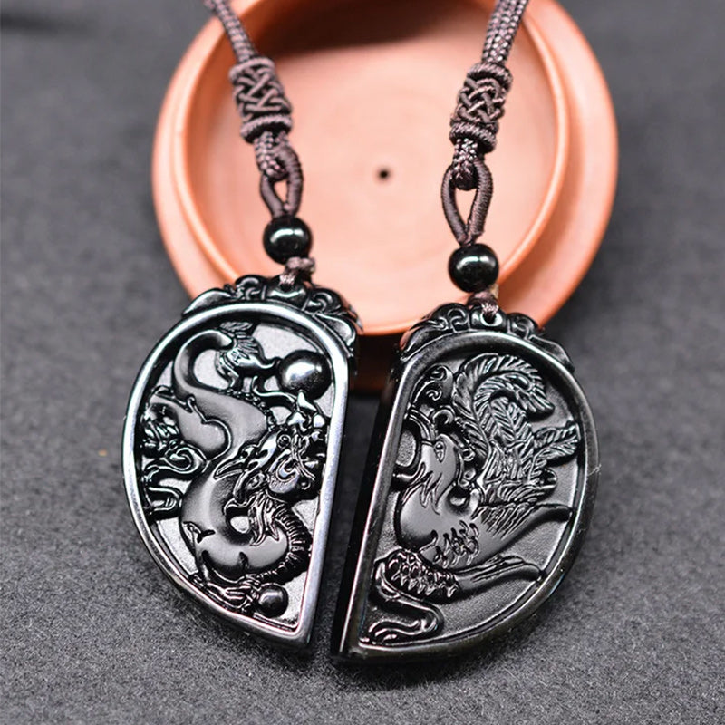Dragon Phoenix Pendant Yin Yang Obsidian 2 Necklaces Couple Set-Necklaces-Innovato Design-Innovato Design
