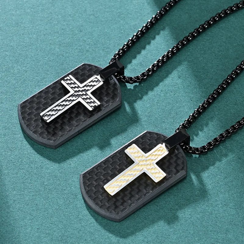 Cross Pendant Black Stainless Steel And Carbon Fiber Tag Necklace-Necklaces-Innovato Design-Black Silver-Innovato Design