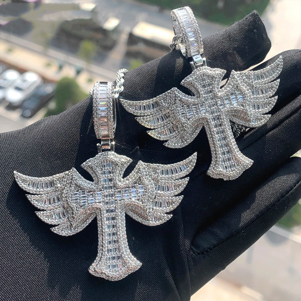 Silver Plated Angel Wing Cross Men Women Pendant CZ Necklace Rope Chain-Necklaces-Innovato Design-Innovato Design