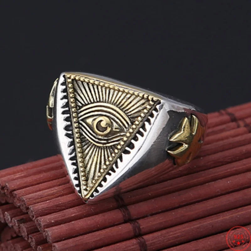 925 Sterling Silver Fully Adjustable Silver and Gold Color Egyptian Eye of Horus Men’s Fashion Ring