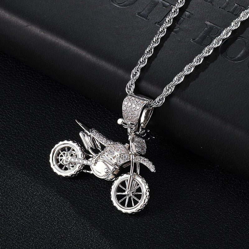 Cubic-Zirconia-Studded Motorcycle Bling Rope Chain Hip-hop Pendant Necklace
