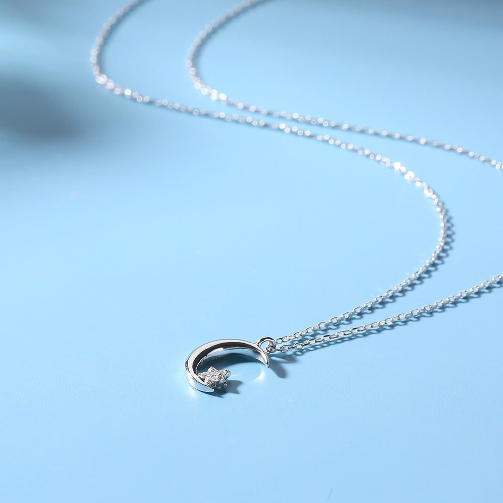 925 Sterling Silver Crystal Moon and Star Pendant Necklace