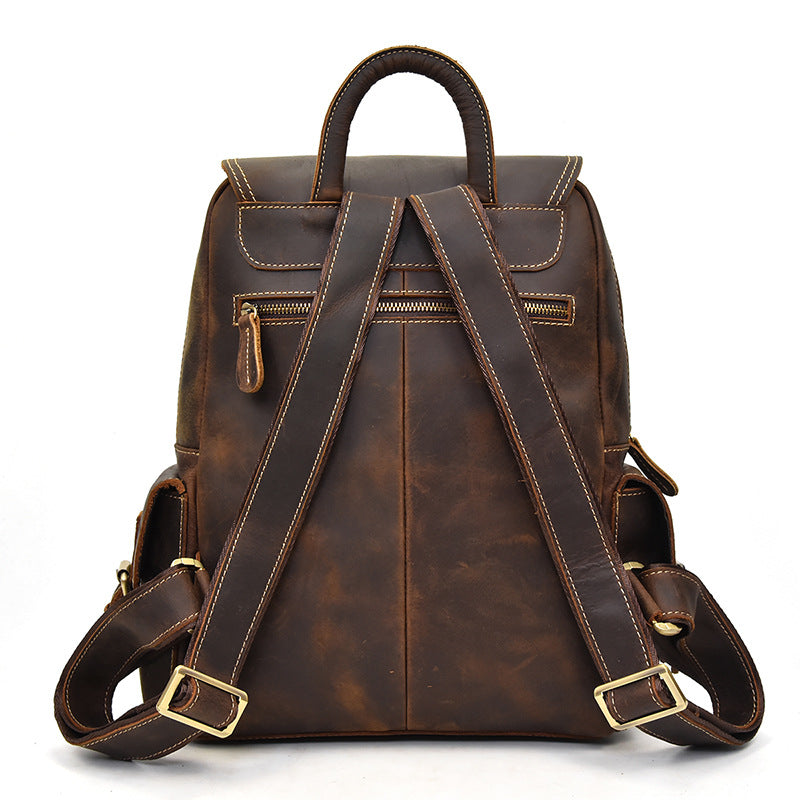 Genuine Leather School Bag with Brown Retro Design