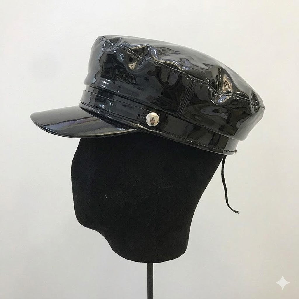 Faux Leather Shiny Black Flat Top Army Military Cap with Glossy Pattern and Buttons