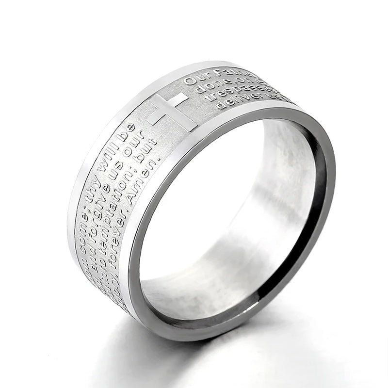 Men Women 8 mm Stainless Steel Ring English Lord's Prayer Cross Band-Rings-Innovato Design-6-Innovato Design