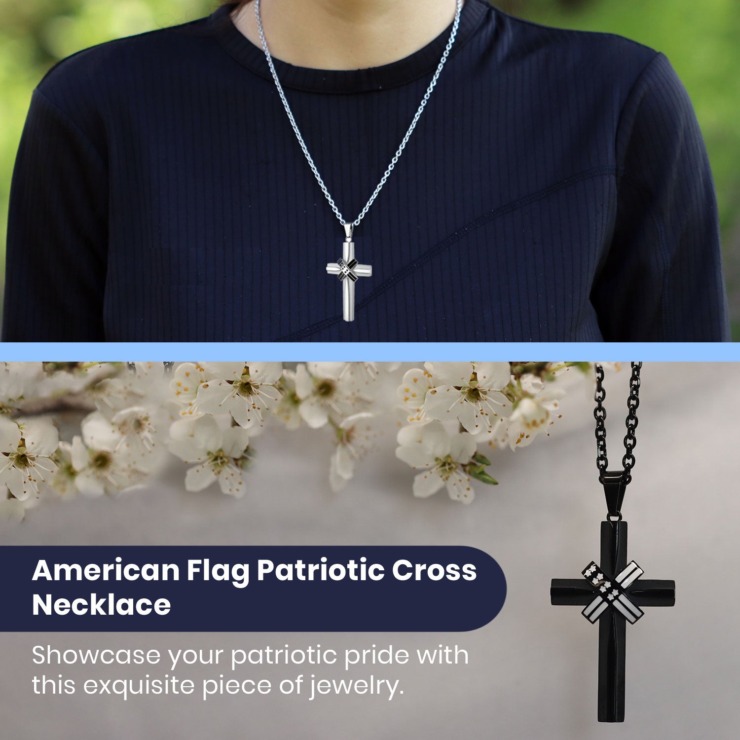 American Flag Patriotic Cross Pendant Necklace - Engraved "In God We Trust" and 24" Chain