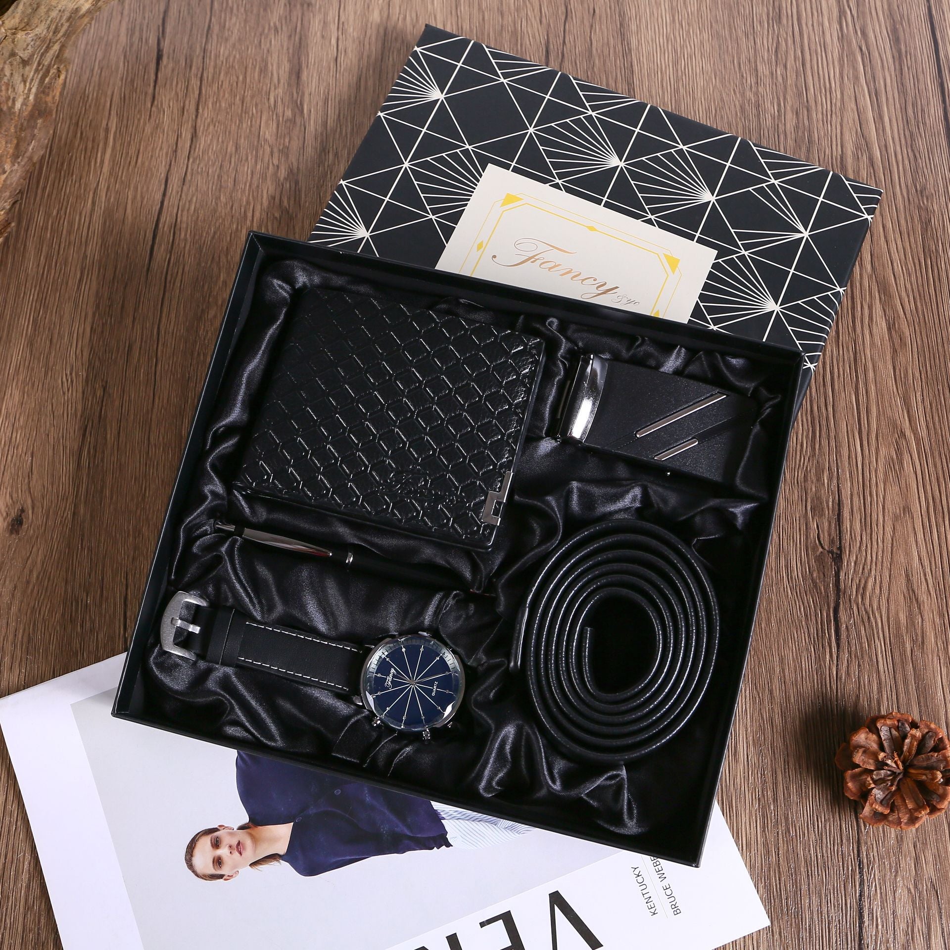 Men Quartz Watch, Leather Belt, and Ballpoint Pen Gift Box Set