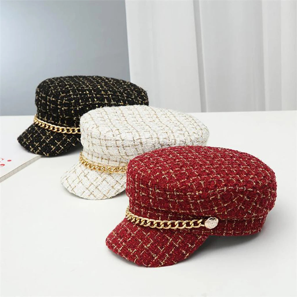 Plaid Tweed Flat Top Newsboy Cap with Chain