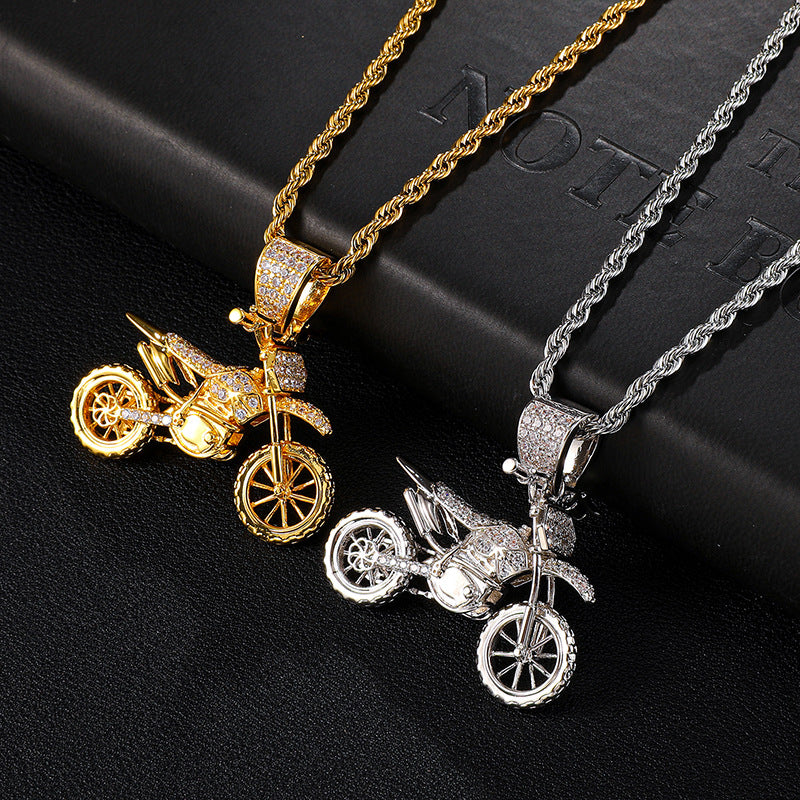 Cubic-Zirconia-Studded Motorcycle Bling Rope Chain Hip-hop Pendant Necklace