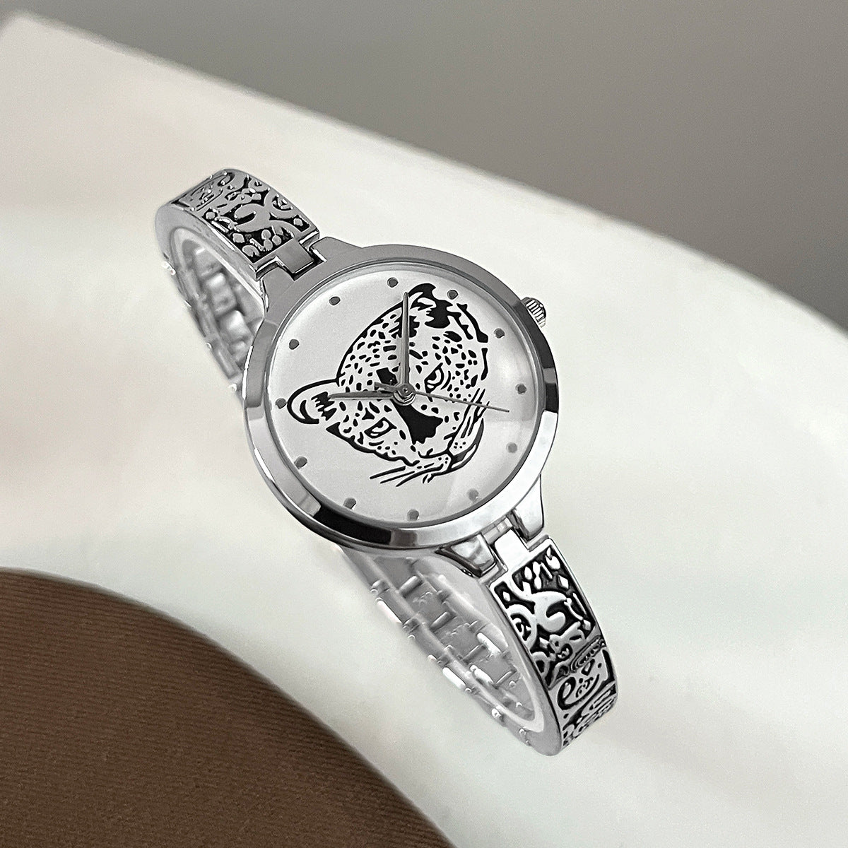Waterproof Leopard Shining Cubic-Zirconia-Studded Stainless Steel Band Fashion Hip-hop Quartz Watch