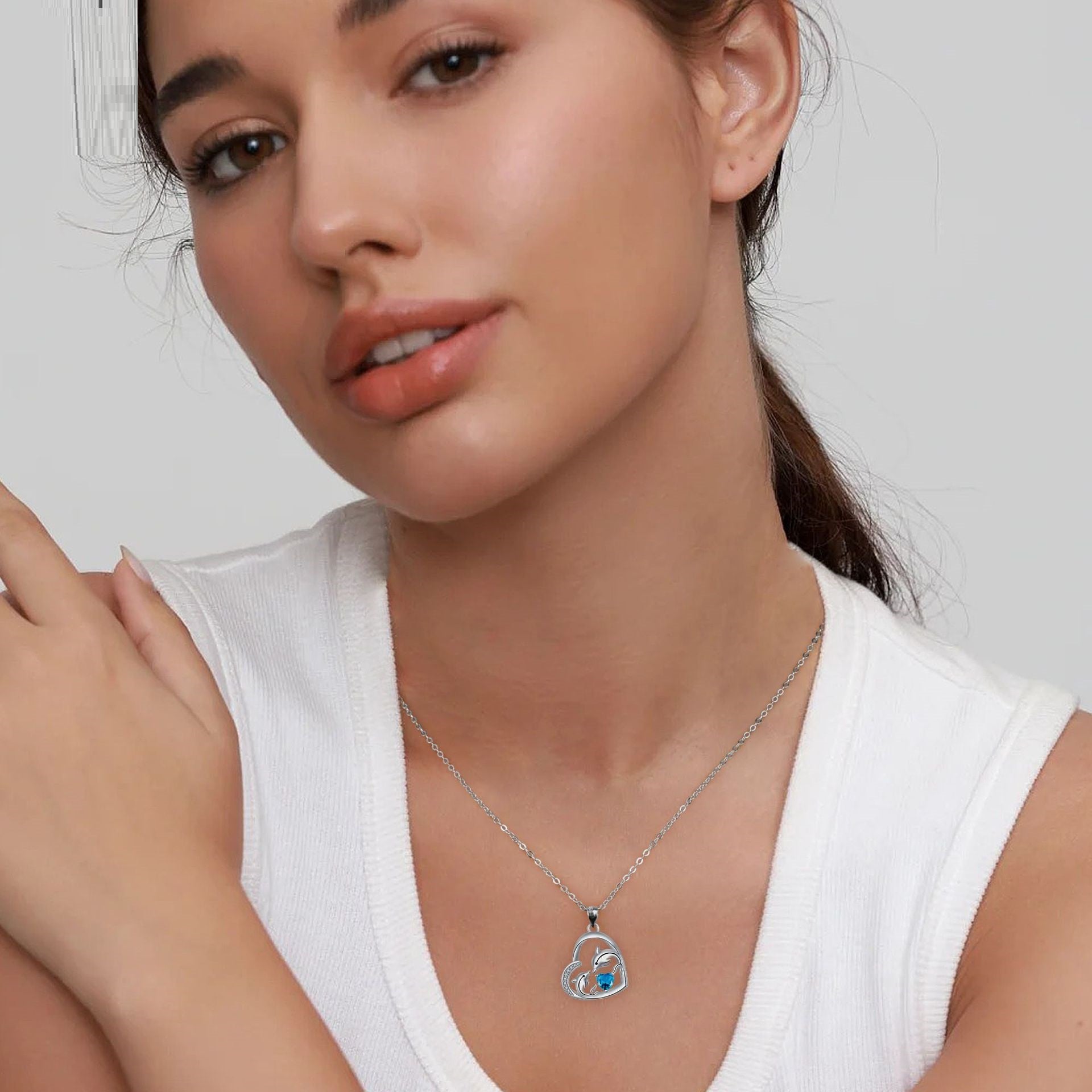 925 Sterling Silver Heart with Dolphin Mom and Baby with Sapphire Blue Crystal Necklace