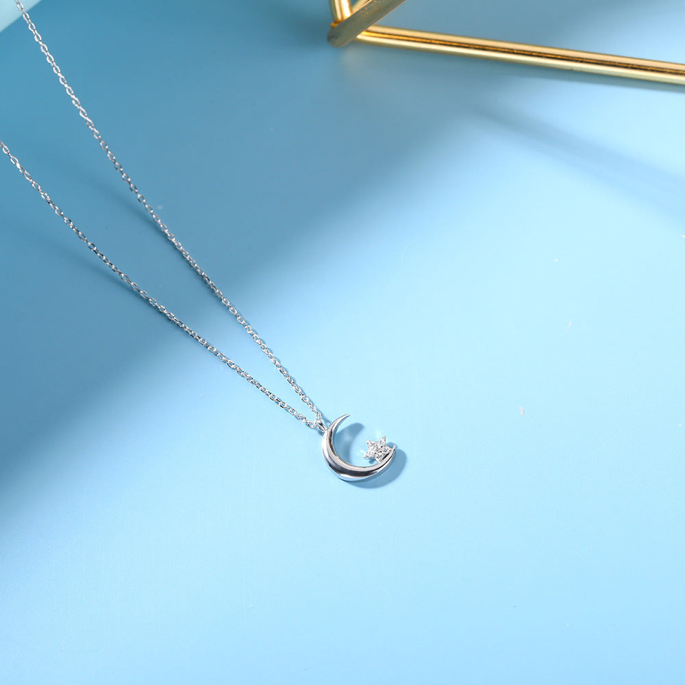 925 Sterling Silver Crystal Moon and Star Pendant Necklace