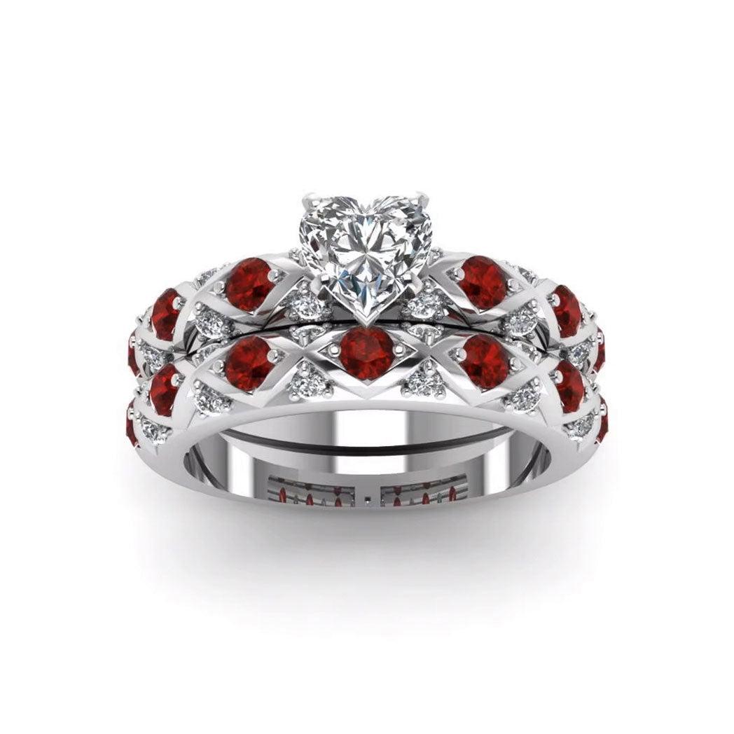 Red Koa Wood Inlay and Crystal Rhinestone Stainless Steel Wedding Bands Set