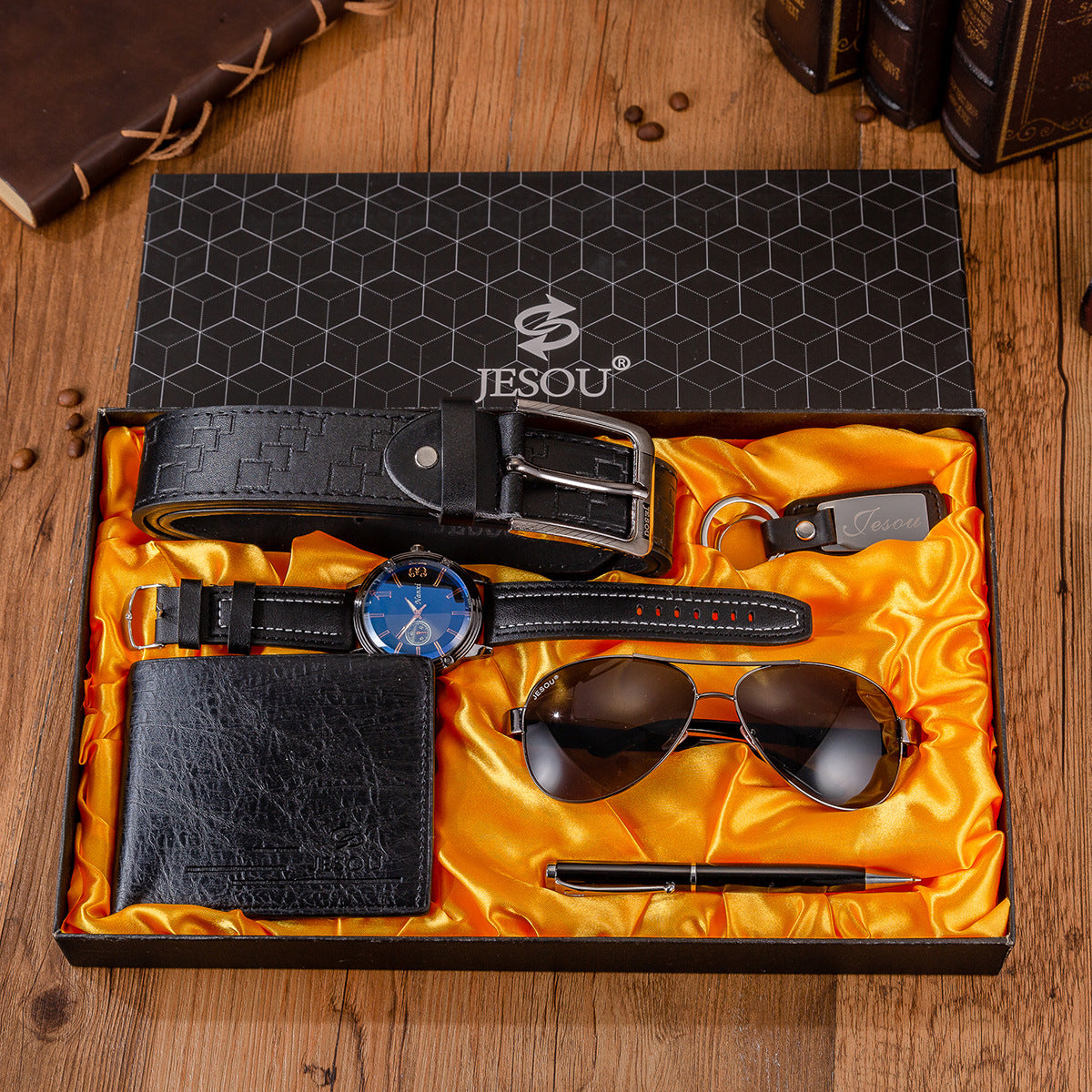 Men Large Dial Quartz Watch, Belt, Folding Wallet, Sunglasses, Keychain, and Ballpoint Pen Gift Set