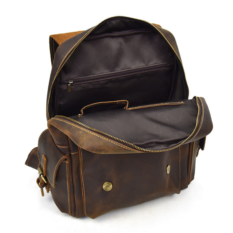 Genuine Leather School Bag with Brown Retro Design