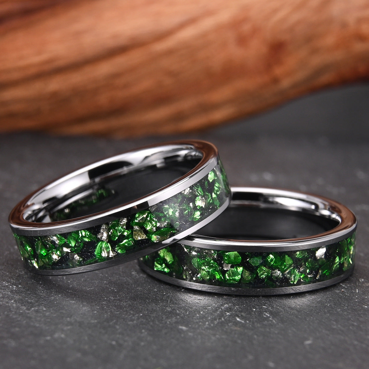 6mm Dual Black and Green Emerald Inlay Tungsten Carbide Ring