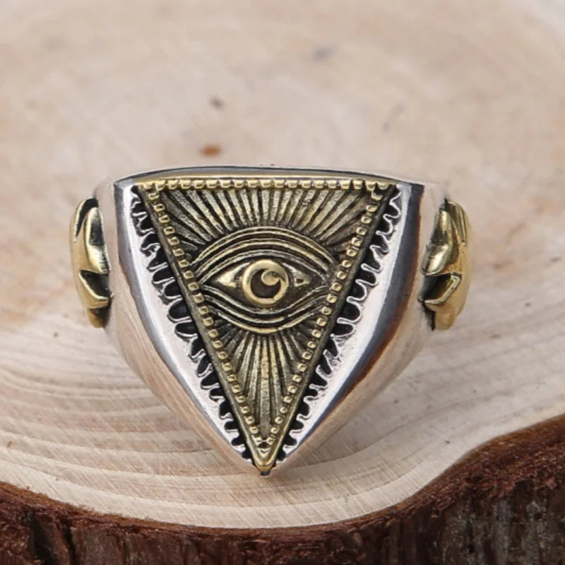 925 Sterling Silver Fully Adjustable Silver and Gold Color Egyptian Eye of Horus Men’s Fashion Ring