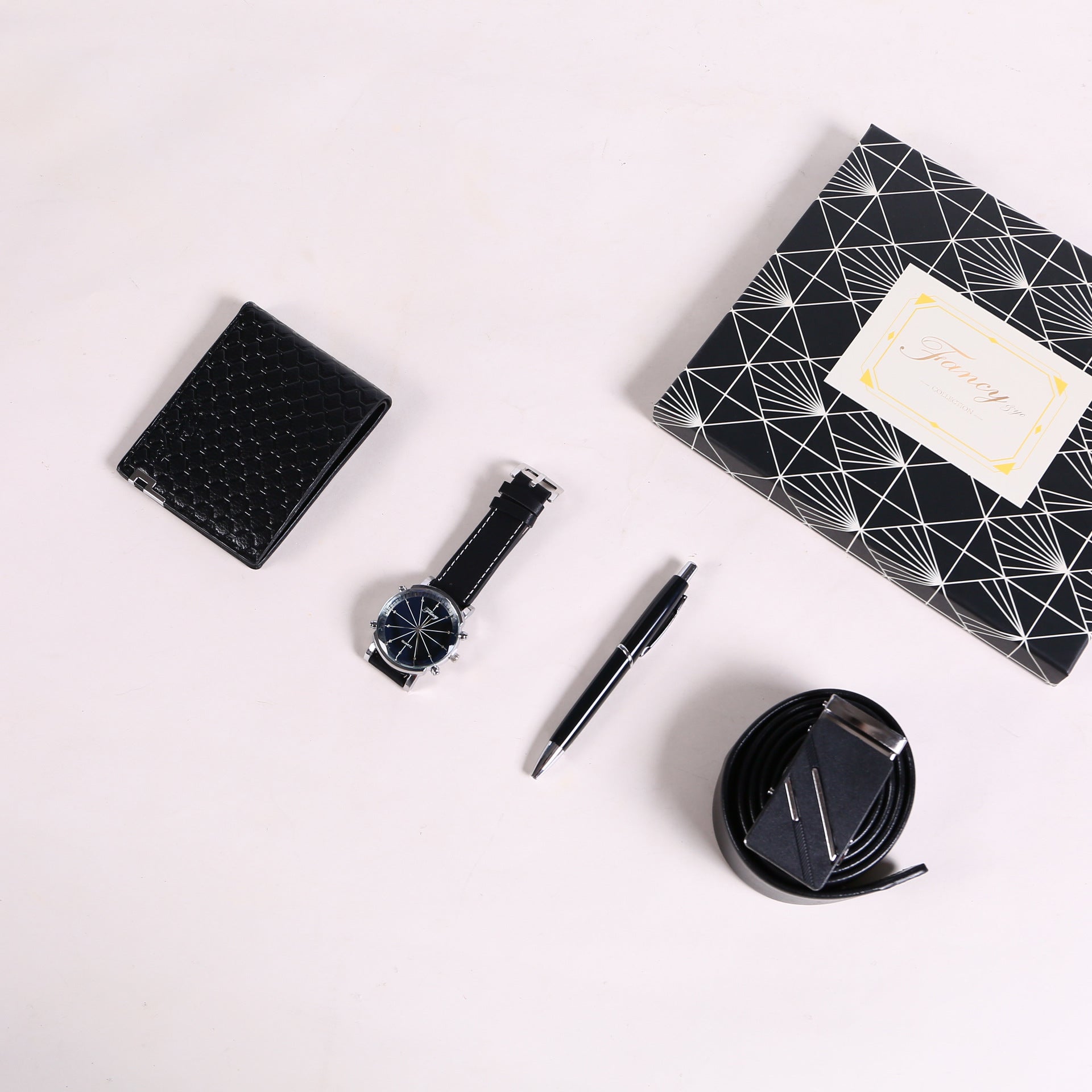 Men Quartz Watch, Leather Belt, and Ballpoint Pen Gift Box Set