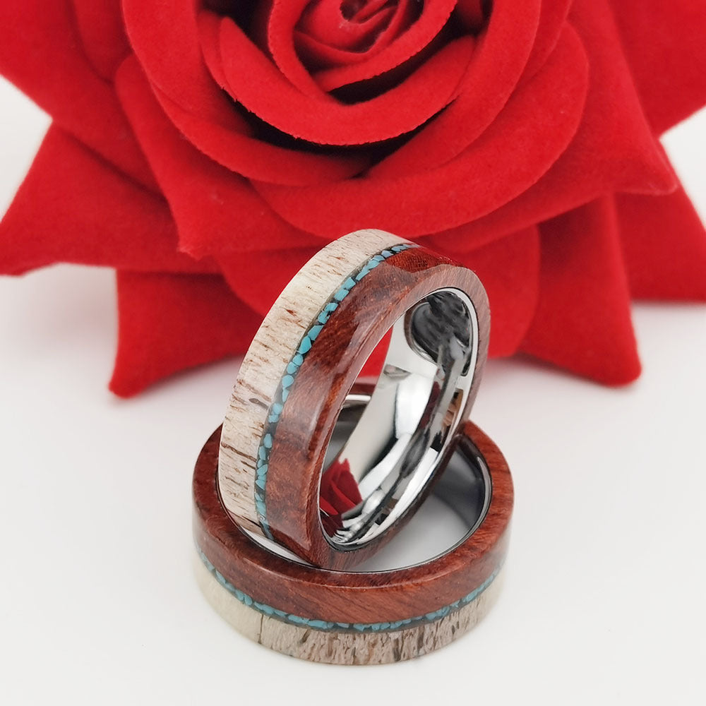 8mm Men Beveled Edges Tungsten with Natural Elk Antler Turquoise Interior Comfort Fit Wedding Band