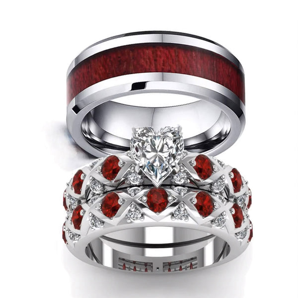 Red Koa Wood Inlay and Crystal Rhinestone Stainless Steel Wedding Bands Set