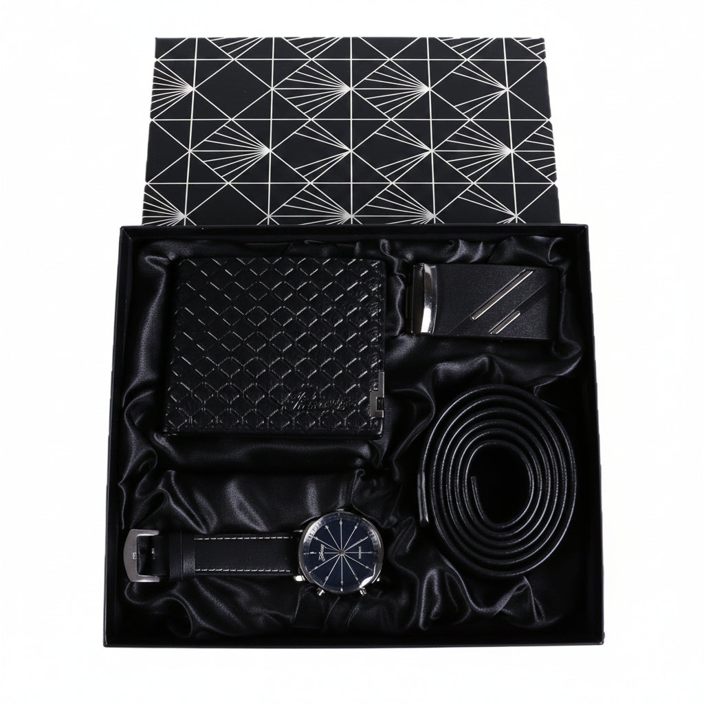 Men Quartz Watch, Leather Belt, and Ballpoint Pen Gift Box Set