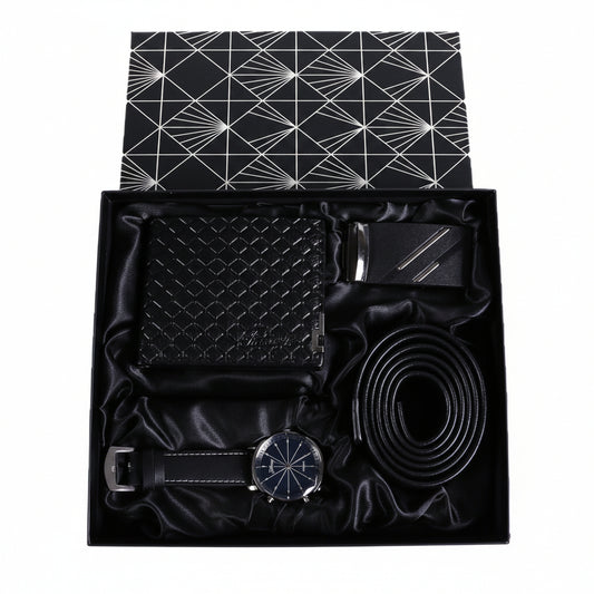 Men Quartz Watch, Leather Belt, and Ballpoint Pen Gift Box Set