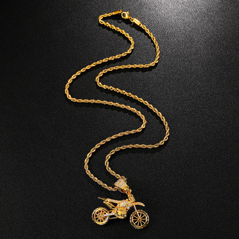 Cubic-Zirconia-Studded Motorcycle Bling Rope Chain Hip-hop Pendant Necklace