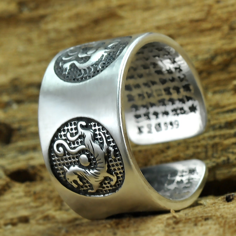 Chinese Four Mythical Creatures 999 Genuine Silver Adjustable Ring