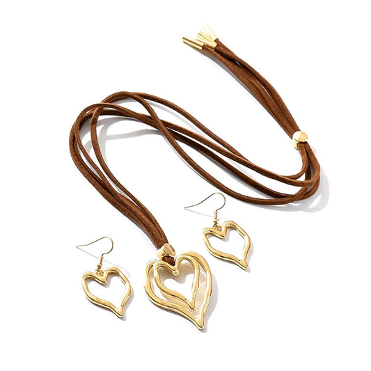 Gold Heart 316L Stainless Steel Necklace & Hook Earrings Fashion Jewelry Set