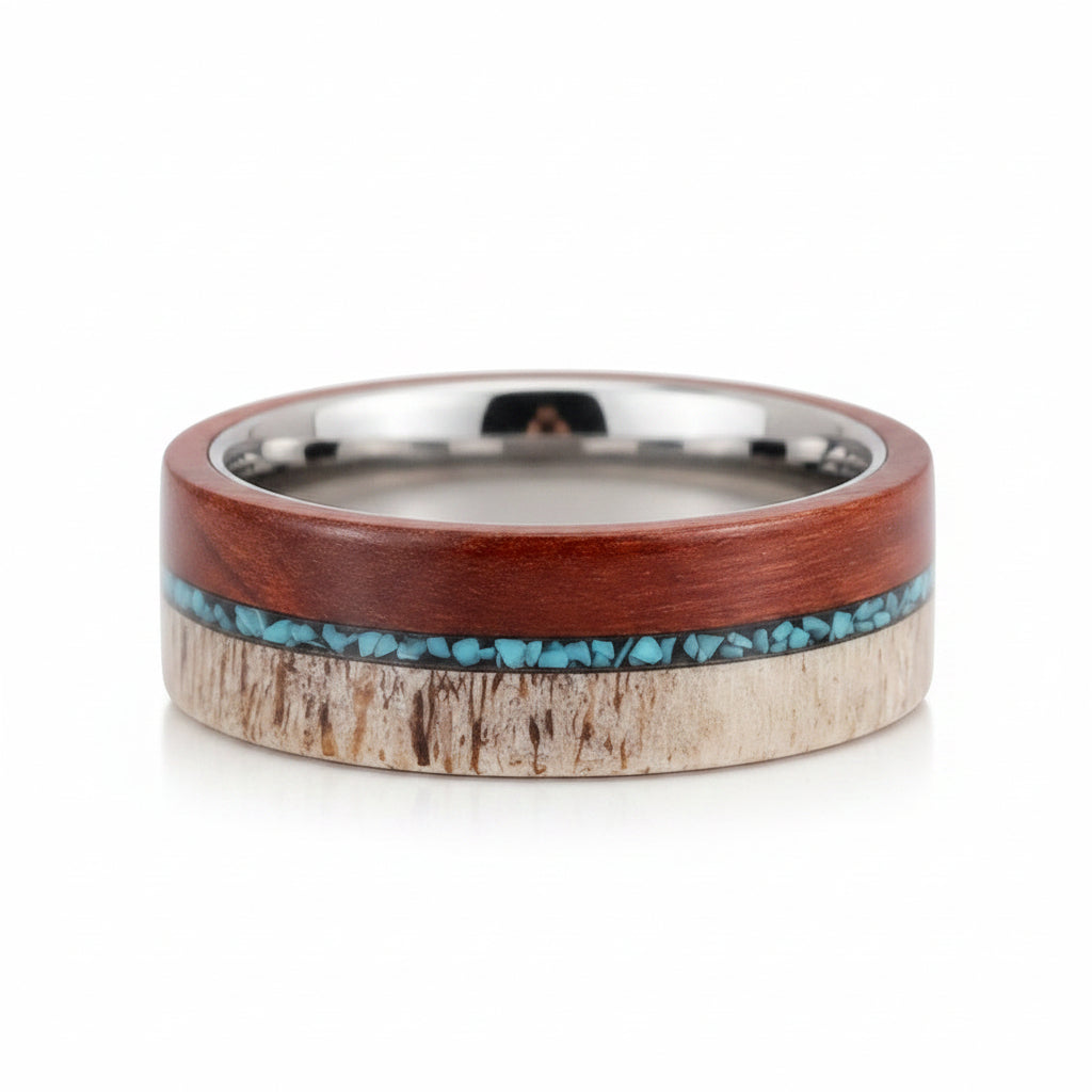 8mm Men Beveled Edges Tungsten with Natural Elk Antler Turquoise Interior Comfort Fit Wedding Band