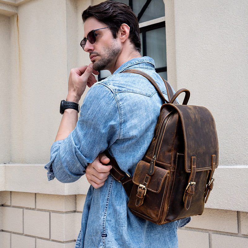 Genuine Leather School Bag with Brown Retro Design