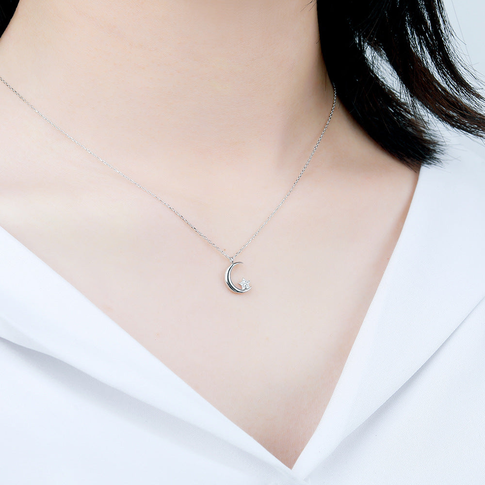 925 Sterling Silver Crystal Moon and Star Pendant Necklace