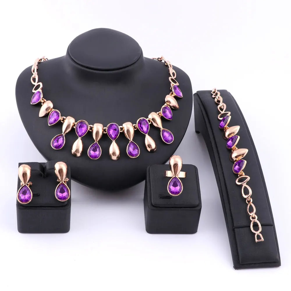 Women's 4Pcs Purple Rhinestone Drop Pendant Necklace Earrings Bracelet Ring Jewelry Set