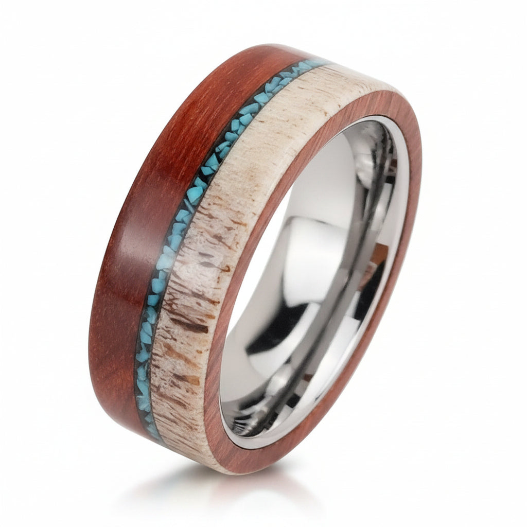 8mm Men Beveled Edges Tungsten with Natural Elk Antler Turquoise Interior Comfort Fit Wedding Band