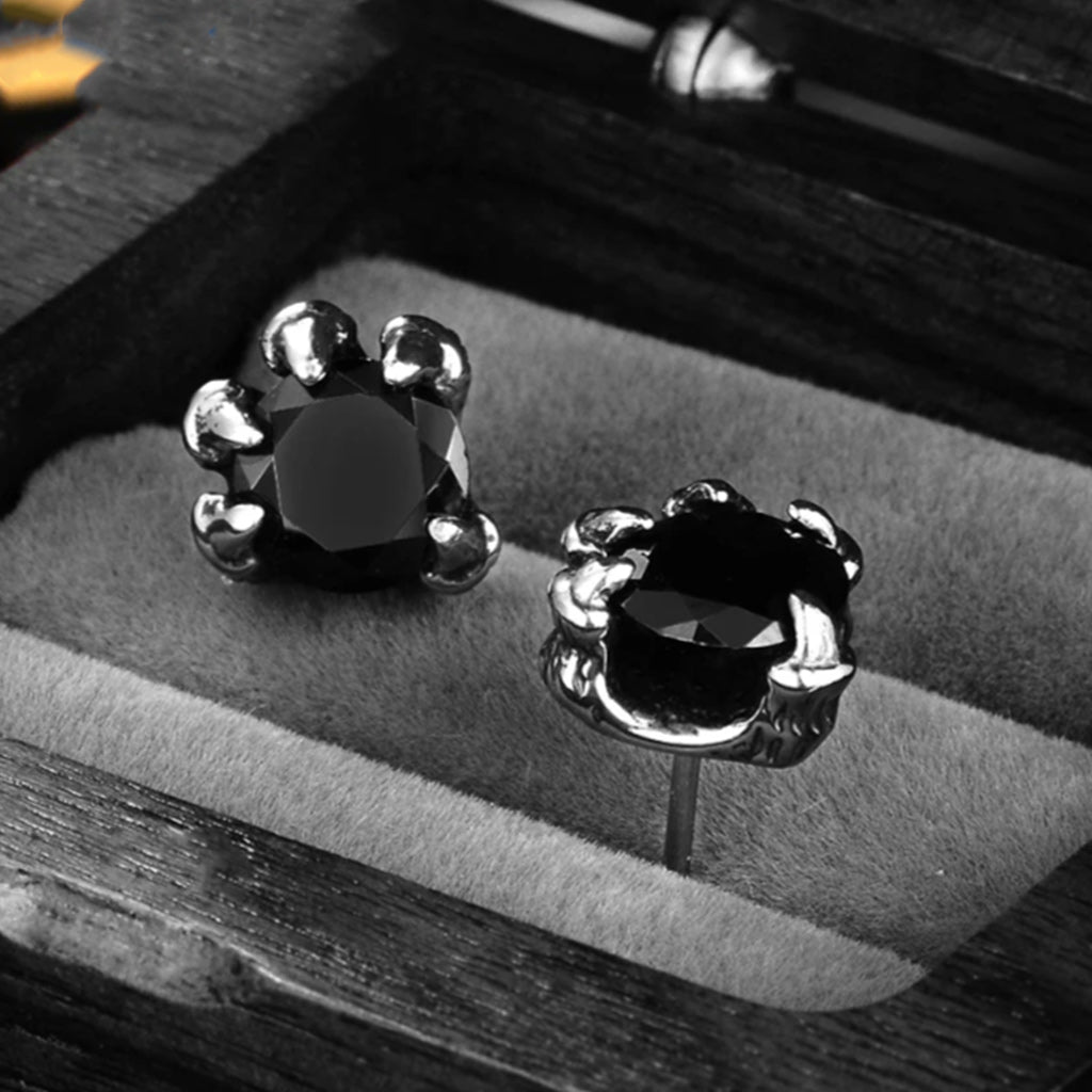 Men Cubic Zirconia Stainless Steel Gothic Dragon Claw Stud Earrings, Black Silver