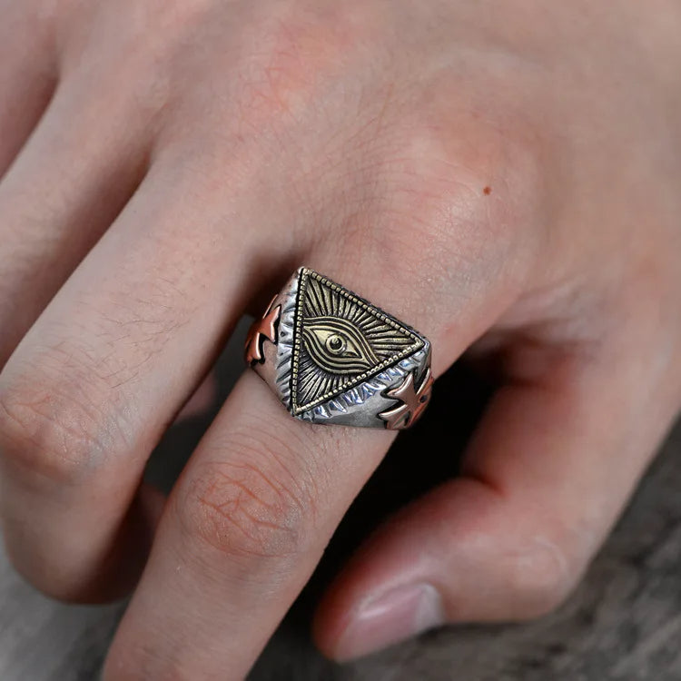 925 Sterling Silver Fully Adjustable Silver and Gold Color Egyptian Eye of Horus Men’s Fashion Ring