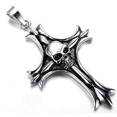 Jewelry Men Gothic Biker Skull Motorcycle Stainless Steel Pendant Necklace, Cross-Necklaces-Innovato Design-Innovato Design
