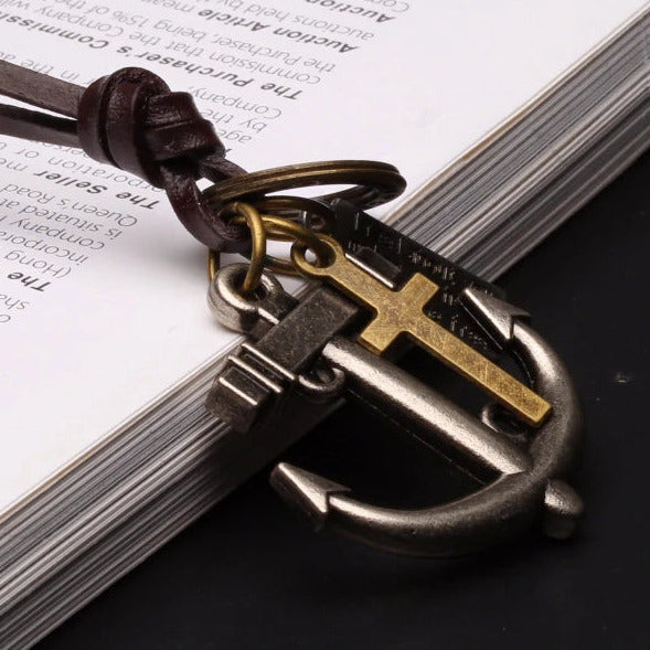 Vintage Style Anchor Cross Pendant Adjustable Brown Leather Cord Men Necklace Chain