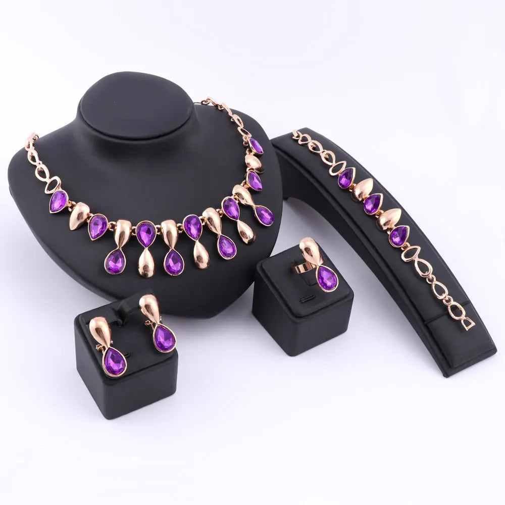 Women's 4Pcs Purple Rhinestone Drop Pendant Necklace Earrings Bracelet Ring Jewelry Set