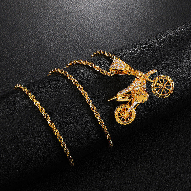 Cubic-Zirconia-Studded Motorcycle Bling Rope Chain Hip-hop Pendant Necklace