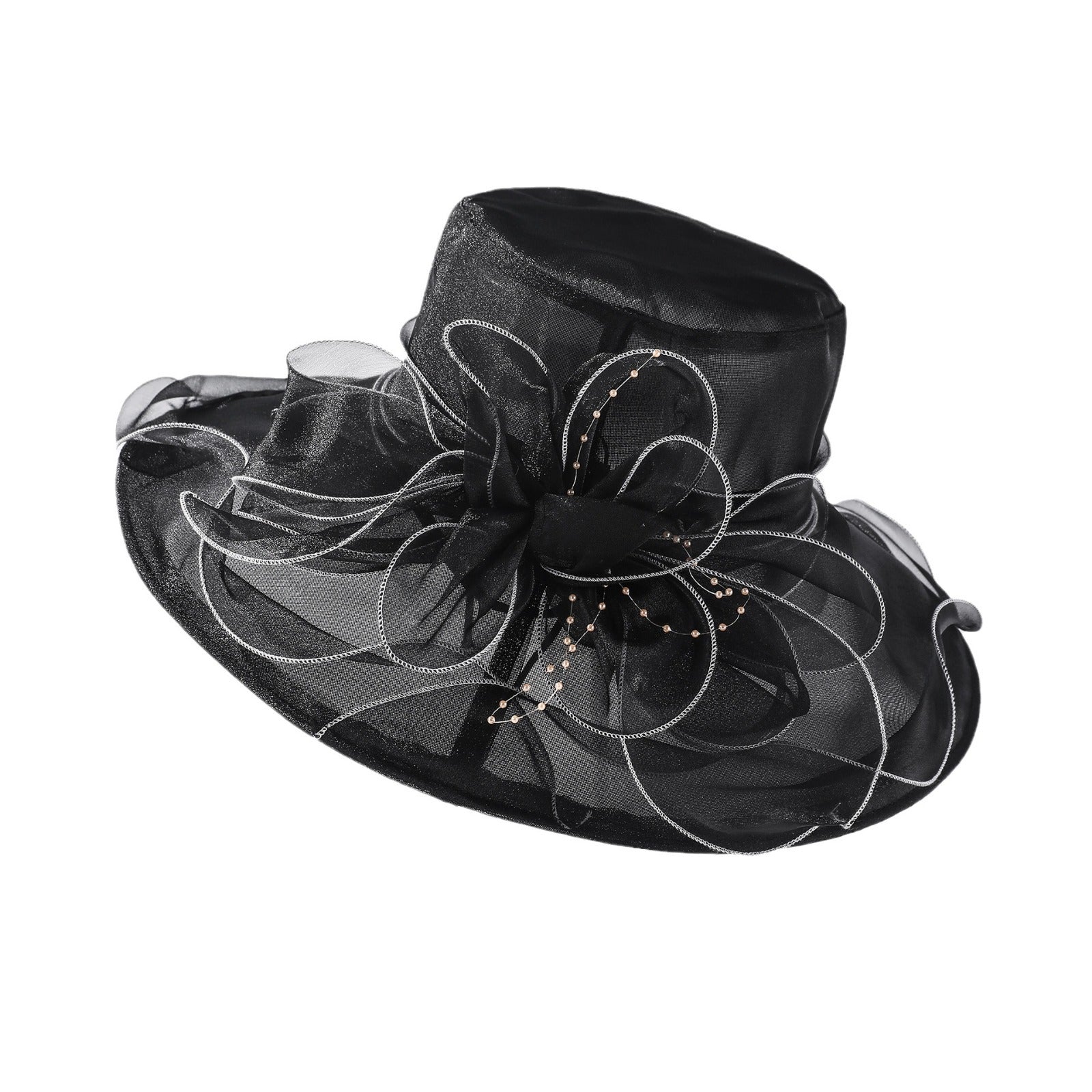 Floppy Large Brim Organza Sun Hat with Pearls