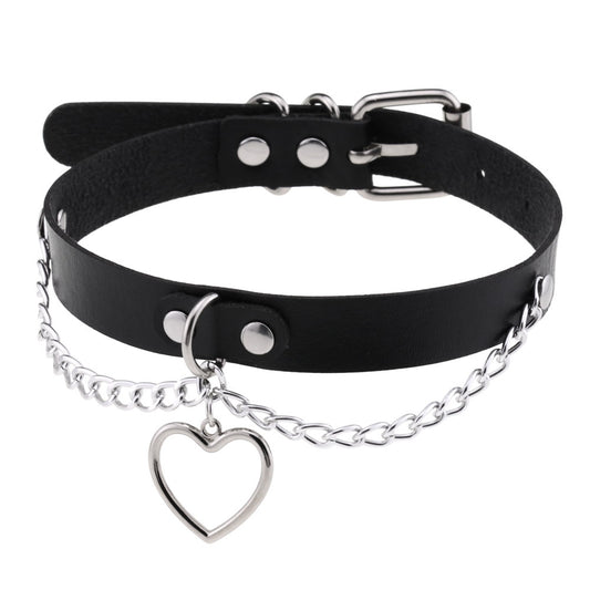 Chic Multicolor Stud and Heart Pendant Choker Collar Leather Gothic Punk Rock Necklace