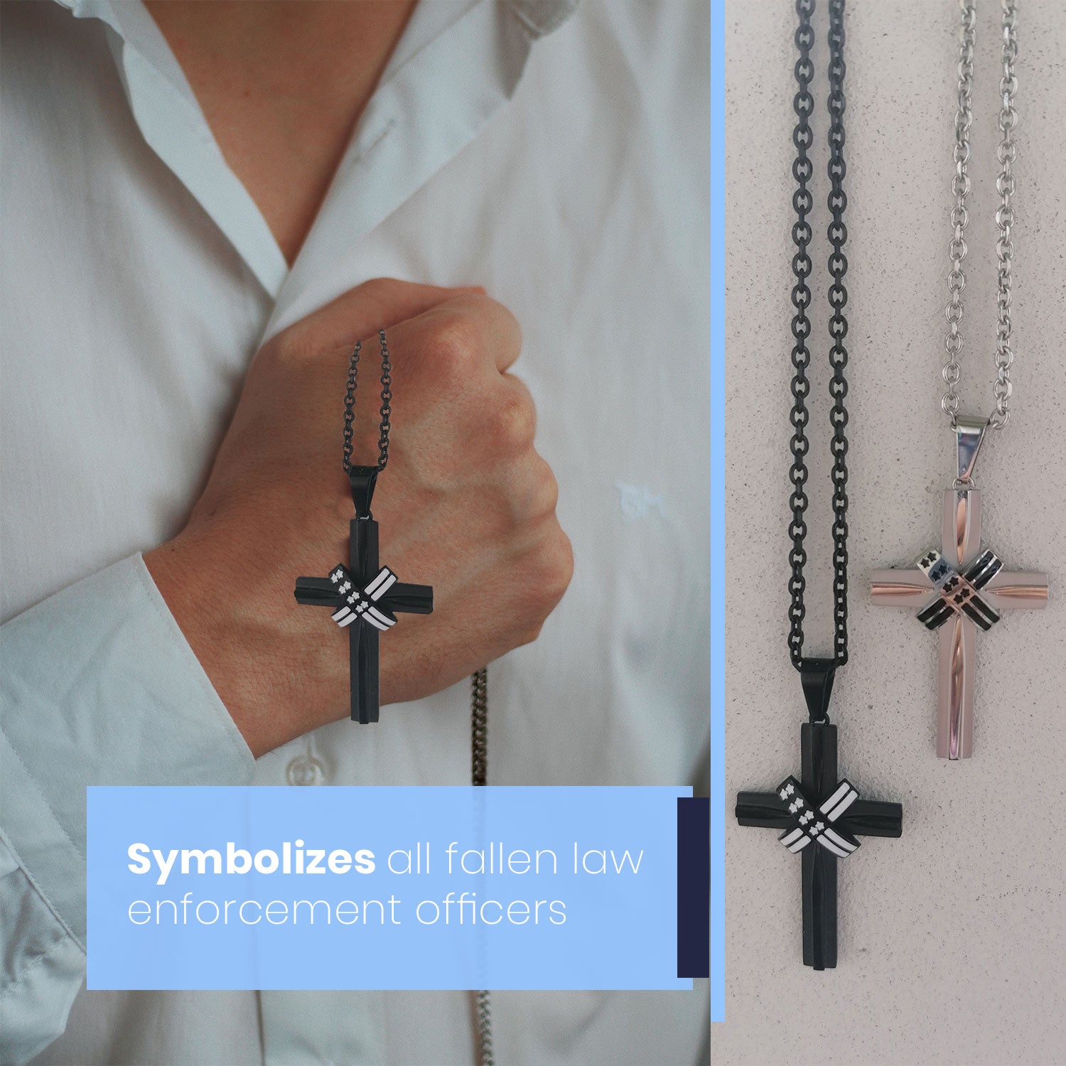 American Flag Patriotic Cross Pendant Necklace - Engraved "In God We Trust" and 24" Chain