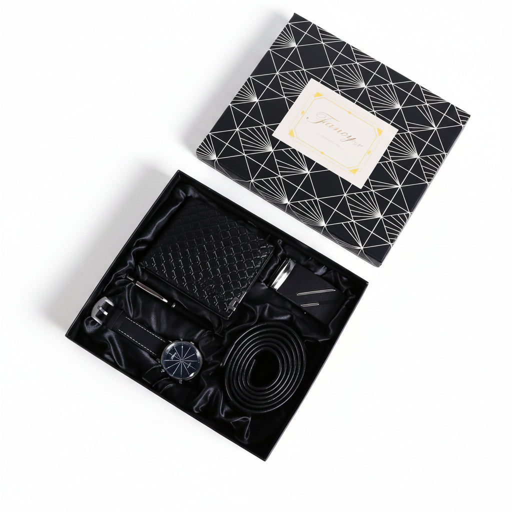 Men Quartz Watch, Leather Belt, and Ballpoint Pen Gift Box Set