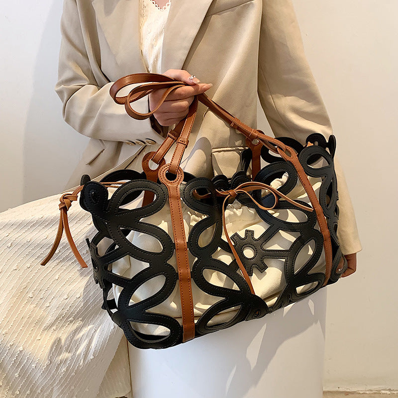 Hollow-Out Floral Print Fashion PU Leather Tote Bag, Shoulder Bag and Handbag