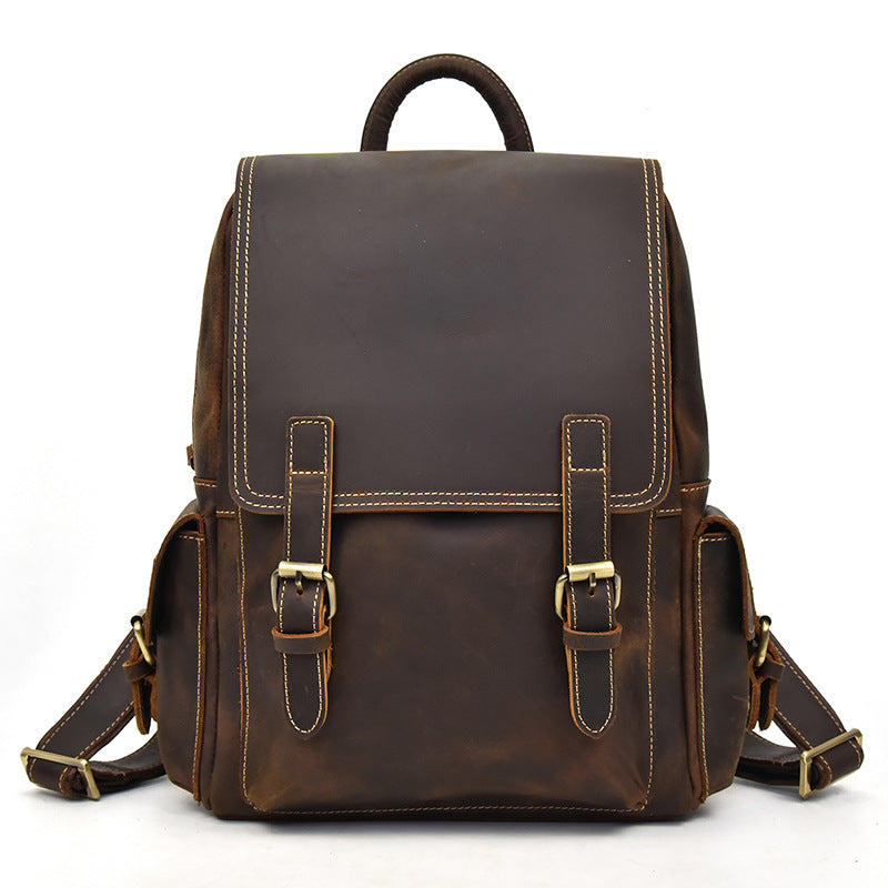 Genuine Leather School Bag with Brown Retro Design