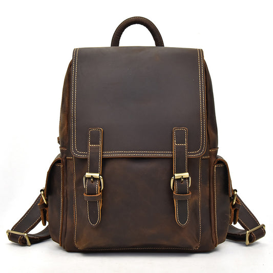 Genuine Leather School Bag with Brown Retro Design