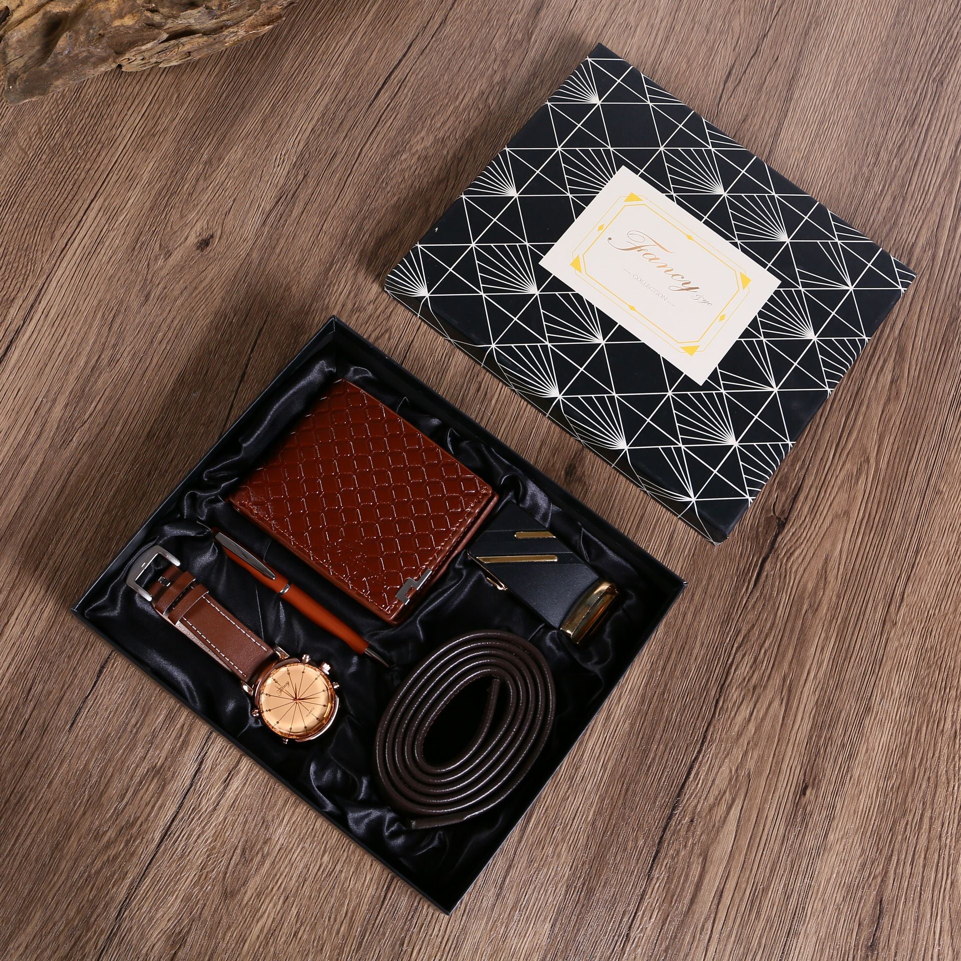 Men Quartz Watch, Leather Belt, and Ballpoint Pen Gift Box Set